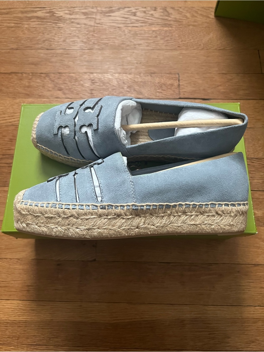 Tory Burch Ines Multi Strap Platform Light Blue Suede Espadrille Slip-On Size: 6